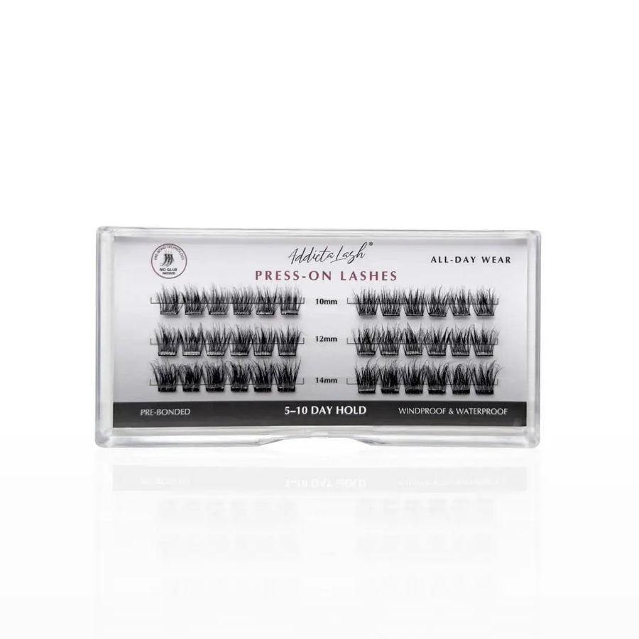 Luna Instant Press-On Lashes by AddictaLash — multi-length cluster lash pack for mid-glam volume, 5-10 day wear, no glue